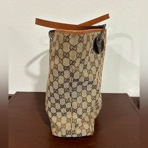 Gucci Vintage Tote Classic Beige GG Logo Canvas Orange Leather Trim Medium Size - Picture 3 of 15